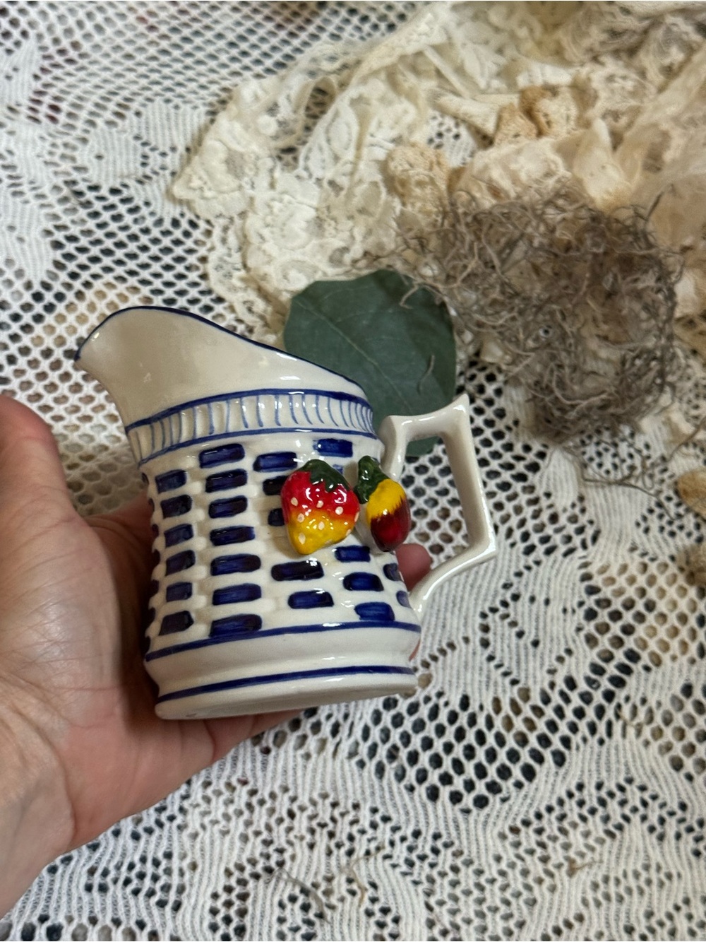 Vintage White and Blue Ceramic Pitcher with Red and Yellow Fruit Accent